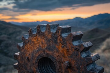 Rusty gear wheel at sunset, overlooking a mountain range.  Industrial relic in nature.