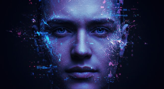 Human face with digital overlay glowing blue and purple on dark background.
