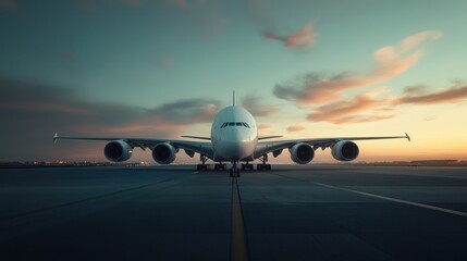 Airplane taxiing runway sunset; travel, transportation