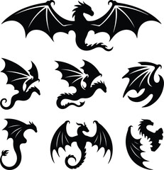 Dragon Wing Silhouette Set | Fantasy Vector Collection Mythical Dragon Wings | Black Silhouette Illustration Pack
