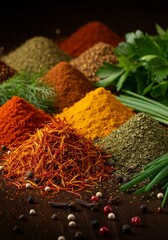 Colorful Assortment of Spices and Herbs on Dark Wood