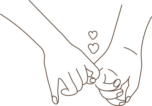 Minimalist line art vector illustration featuring three hand gestures: holding hands, heart shape gesture, and intertwined pinkies with hearts, symbolizing love, connection, trust, and emotional bonds