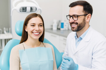 Obraz premium A dentist smiling while consulting with a young female patient in a dental clinic.