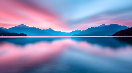 Fototapeta premium Pink and Blue Sunset Over a Calm Lake with Mountain Reflections