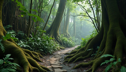 Steamy tropical jungle scene towering ferns and golden shaft of natural light