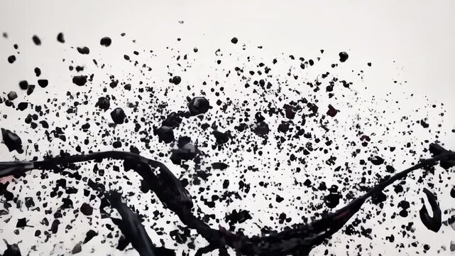 Vibrant red liquid dynamically transforming, breaking apart into black particles against pristine white background, showcasing fluid physics and visual design phenomenon