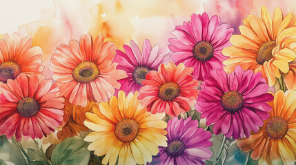 watercolor botanical Gerbera flowers texture template background.Elegant wedding invitation card background . Minimal hand painted Design for wedding or Valentine's Day
