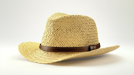 Stylish Beige Straw Cowboy Hat with Brown Leather Band Summer Fashion Accessory Woven Texture Headwear Bohemian Style Sun Protection Beach Holiday    