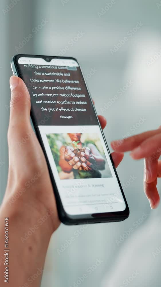 Poster Hands, phone screen and website with business person in office for conservation or environmental change. App, article and search with employee scrolling on mobile for information or reading at work