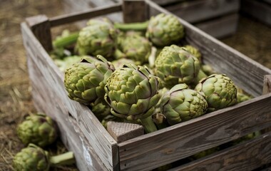 Fototapeta premium A wooden crate filled with green artichokes