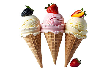 Ice cream scoops with cone isolated on transparent background,Three Colorful Ice Cream Cones Isolated on White for Summer Treat Concepts: Vanilla, Strawberry, and Peach Flavors in Waffle Cones Imagery