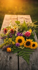 Vibrant Wildflower Bouquet on Rustic Wooden Bench