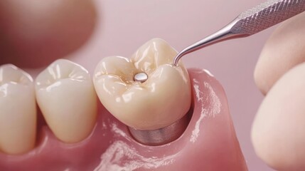 Dentist placing dental crown, close-up, dental model, lab