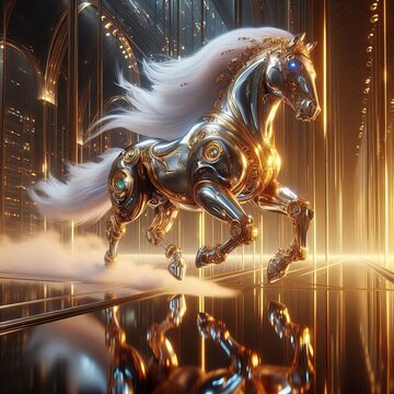 A robotic gold and silver horse Ai
