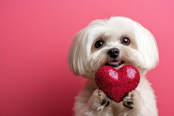 Cute lhasa apso pooch with sparkling rhinestones red heart - symbol of love, funny greeting card. Digital ads creative. Lhasa apso - my desired dog. Cute valentine's pet moments. Animal love.