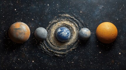 Five planets aligned in space with a spiral galaxy effect surrounding the center.