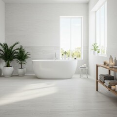 Bright Minimalist Bathroom Interior with White Tub