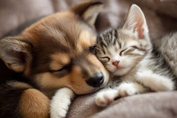 Adorable puppy and kitten cuddling together with love