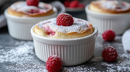 Delicate raspberry souffles sprinkled with powdered sugar, a delightful dessert ready to eat.