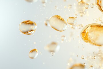 Fototapeta premium oil bubbles creating a textured surface on monochrome background, close-up view of organic skincare serum, highlighting purity and natural ingredients, concept of cosmetics, skincare, wellness