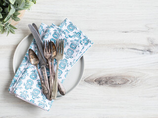 Table setting top view of plates silverware cutlery dinner service