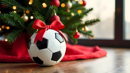 Gifts under the Christmas tree soccer ball with red bow