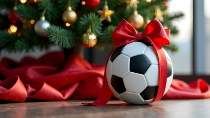 Gifts under the Christmas tree soccer ball with red bow
