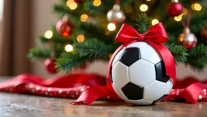 Gifts under the Christmas tree soccer ball with red bow