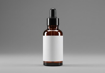 Naklejka premium Amber bottle mockup with dropper and label on gray surface