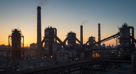 Silhouette of Industrial Complex at Sunset
