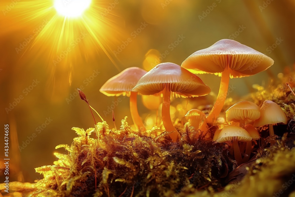 Poster sunlight filters through trees over a cluster of mushrooms in a serene forest setting during golden 