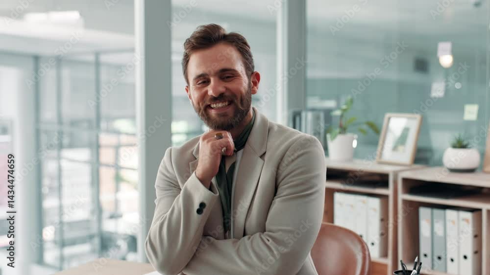 Poster face, smile and thinking with business man in office for decision, planning or problem solving. corp