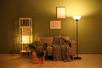 Interior of night living room with sofa, shelving unit, glowing lamps and houseplant near green wall