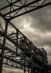 Fototapeta premium Dark Grey Metal Industrial Structure Under Cloudy Sky