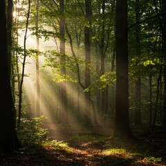Obraz premium Sunbeams Through Misty Forest at Dawn