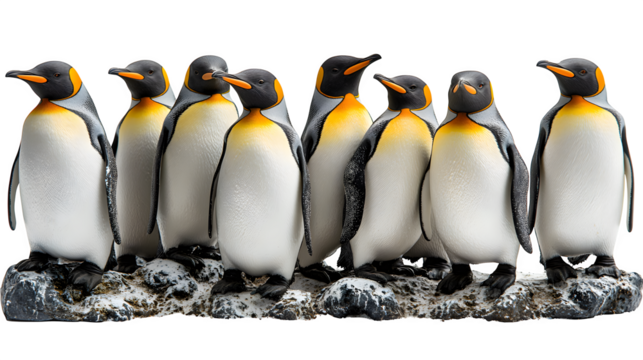 Group of emperor penguins standing in varied poses with lifelike feather detail isolated on white background