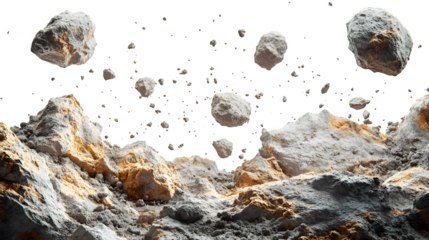 Group of flying asteroids, rocky space debris, isolated on white background