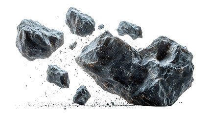 Naklejka premium Group of flying asteroids, rocky space debris, isolated on white background