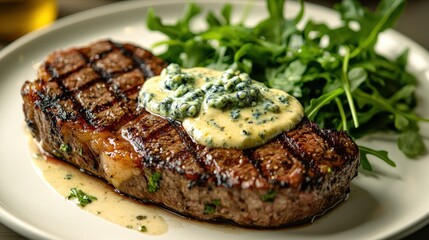 Blue cheese steak being plated by chef in professional kitchen, hands arranging silver fork and arugula garnish, white coat with rolled sleeves, steaming hot dish