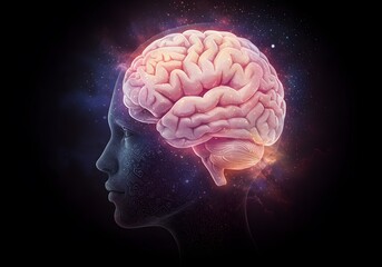Obraz premium Digital Illustration of Human Brain and Profile, Neurology, Neuroscience, Psychology Concept.