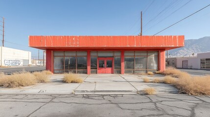 Abandoned building with orange facade and large windows under a clear blue sky.
