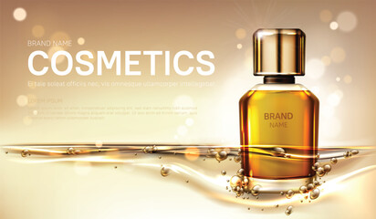 Oil perfume bottle with gold liquid background