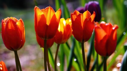 Fototapeta premium Vibrant Red Tulips Bathed in Sunshine with Dew Drops on Petals