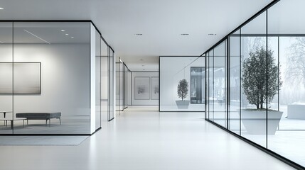 Modern Minimalist Office Interior Design White Walls Glass Partitions Spacious Corridor Contemporary Architecture Clean Lines Elegant Workspace       