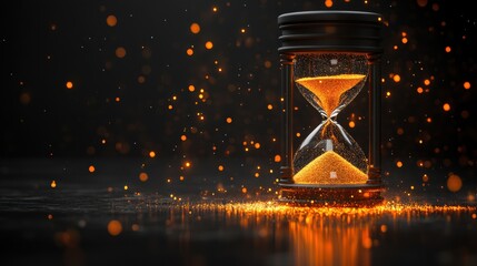 Elegant hourglass with glowing sand particles on dark background illustrating time