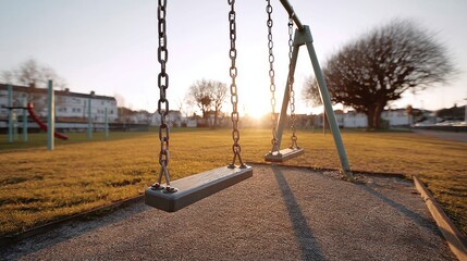 Empty Swings in Playground at Sunset with Warm Golden Light