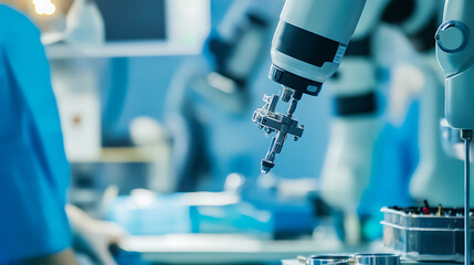 Mechanical arm assembling robotics arms for industrial automation in a factory, organized tool stations and parts bins visible, Industrial automation style