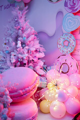 Birthday party room decorated with balloons 