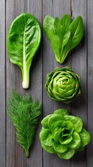 Fototapeta premium Fresh Green Vegetables on Wooden Background for Healthy Living