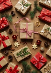 Christmas Gifts Wrapped in Red and Brown Paper